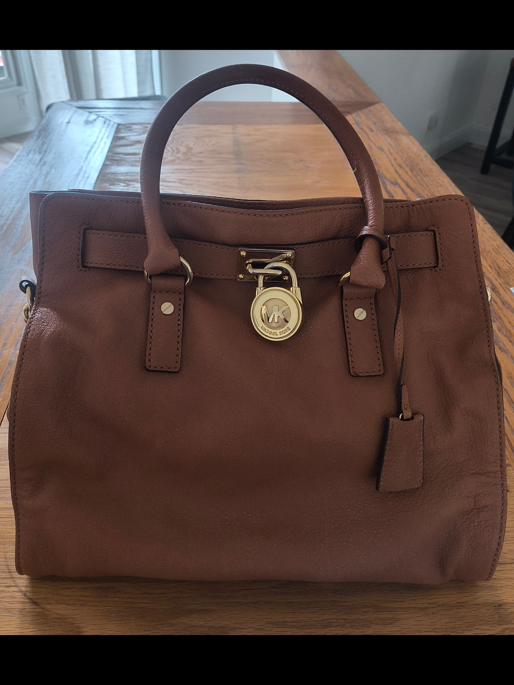 Michael Kors Chestnut Leather Satchel with Gold-Tone MK Charm
